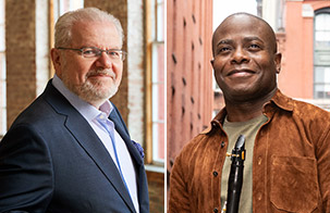 Emanuel Ax on left in a brick rehearsal room, Anthony McGill on right in city ally holding a clarinet