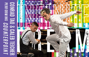 Contrad Tao playing piano and Caleb Teicher dancing against Hancher's Infinite Dream flag treatment