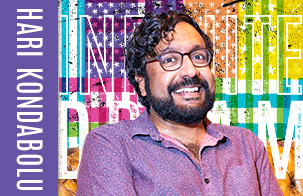 Hari Kondabolu headshot against Hancher's Infinite Dream colored flag treatment