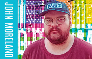 John Moreland headshot against Infinite Dream flag treatment