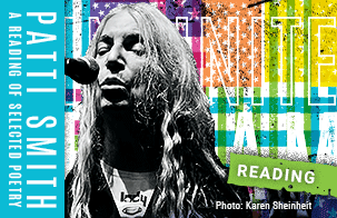 Patti Smith black and white photo cut out in front of a microphone against Hancher's Infinite Dream colored flag treatment