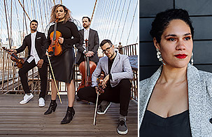 PUBLIQuartet standing in a v formation with their instruments next to a portrait of Jessie Montgomery